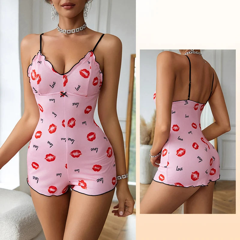 Pijama sexy de una pieza para mujer con estampado de labios rojos