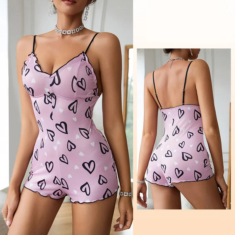 Pijama sexy de una pieza para mujer con estampado de labios rojos