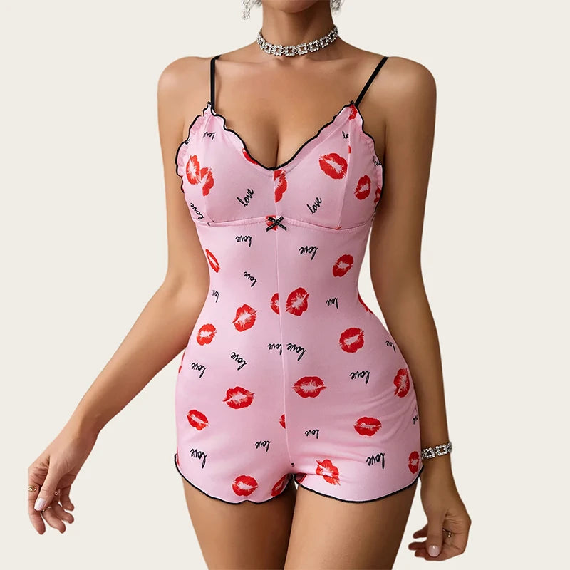 Pijama sexy de una pieza para mujer con estampado de labios rojos