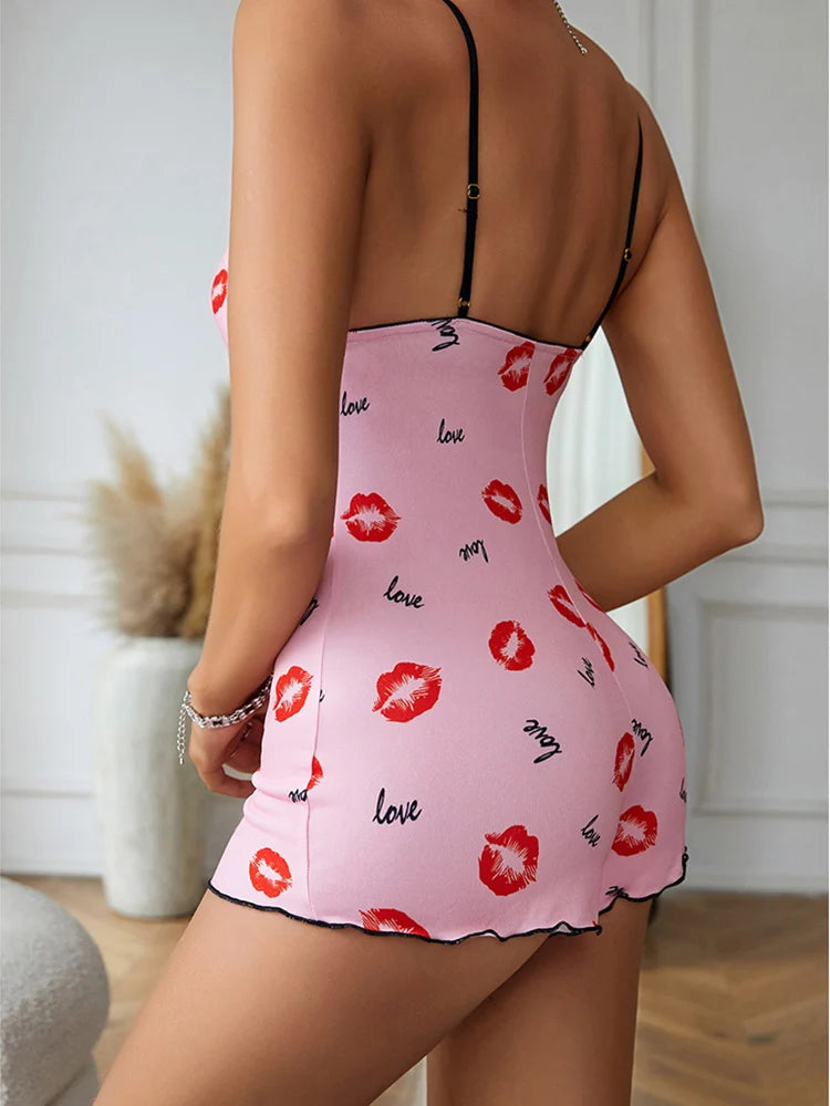 Pijama sexy de una pieza para mujer con estampado de labios rojos